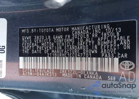 2014 Toyota Corolla Le Premium из США, поврежденный, VIN 2T1BURHE1EC047701